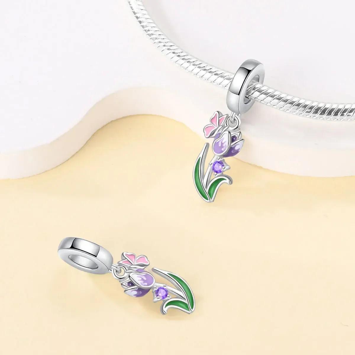 925 Perak Ungu Seri Bunga Manik-manik Iris Mawar Bunga Matahari Manik-manik Liontin Cocok Diy Gelang Kalung Wanita Hadiah Ulang Tahun