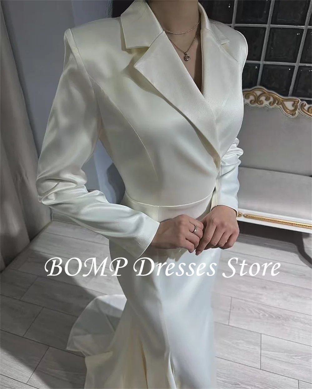 BOMP Formal Evening Dresses Satin White Silk Satin V-Neck Suit Collar Long-Sleeved Floor-Length Special Occasion Gown Customized