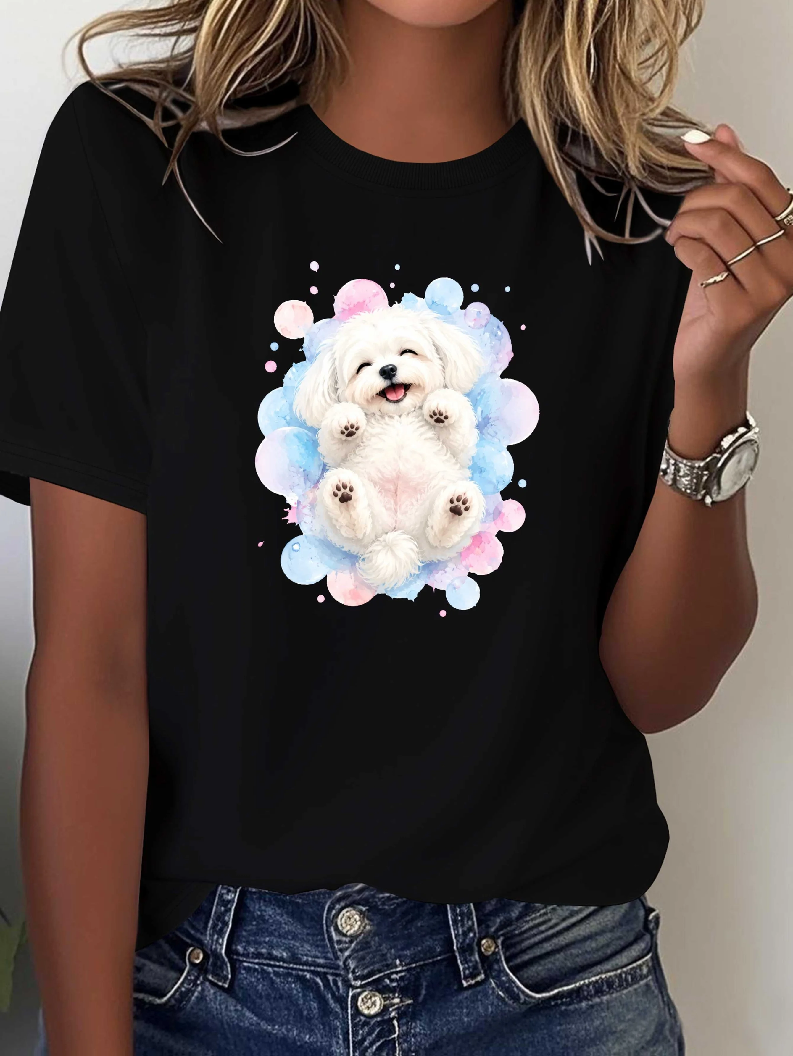 Fluffy Maltese Dog Puppy Women's Comfortable T-shirt with Personalized Unique Pattern Gift Fashion Commuter Daily Casual Top