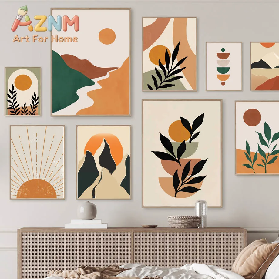 Mountain River Sun Leaves Geometry Lanscape Wall Art Canvas Painting Abstract Posters And Prints Pictures Living Room Home De