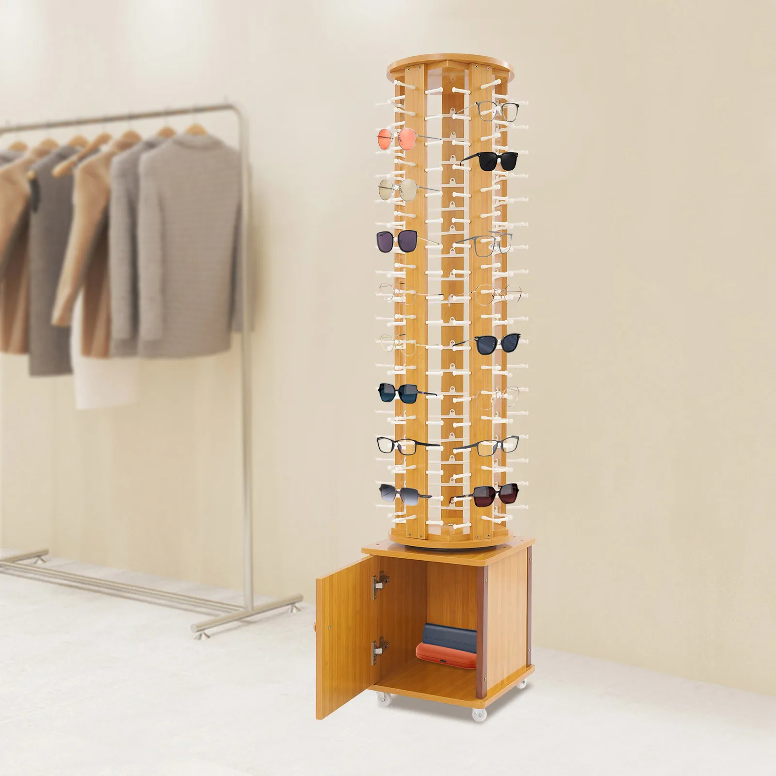 

Вращающаяся подставка для очков на 90 пар с 5-ю сторонами, шкафом для хранения и 4 колесами, отдельно стоящая, светло-коричневая