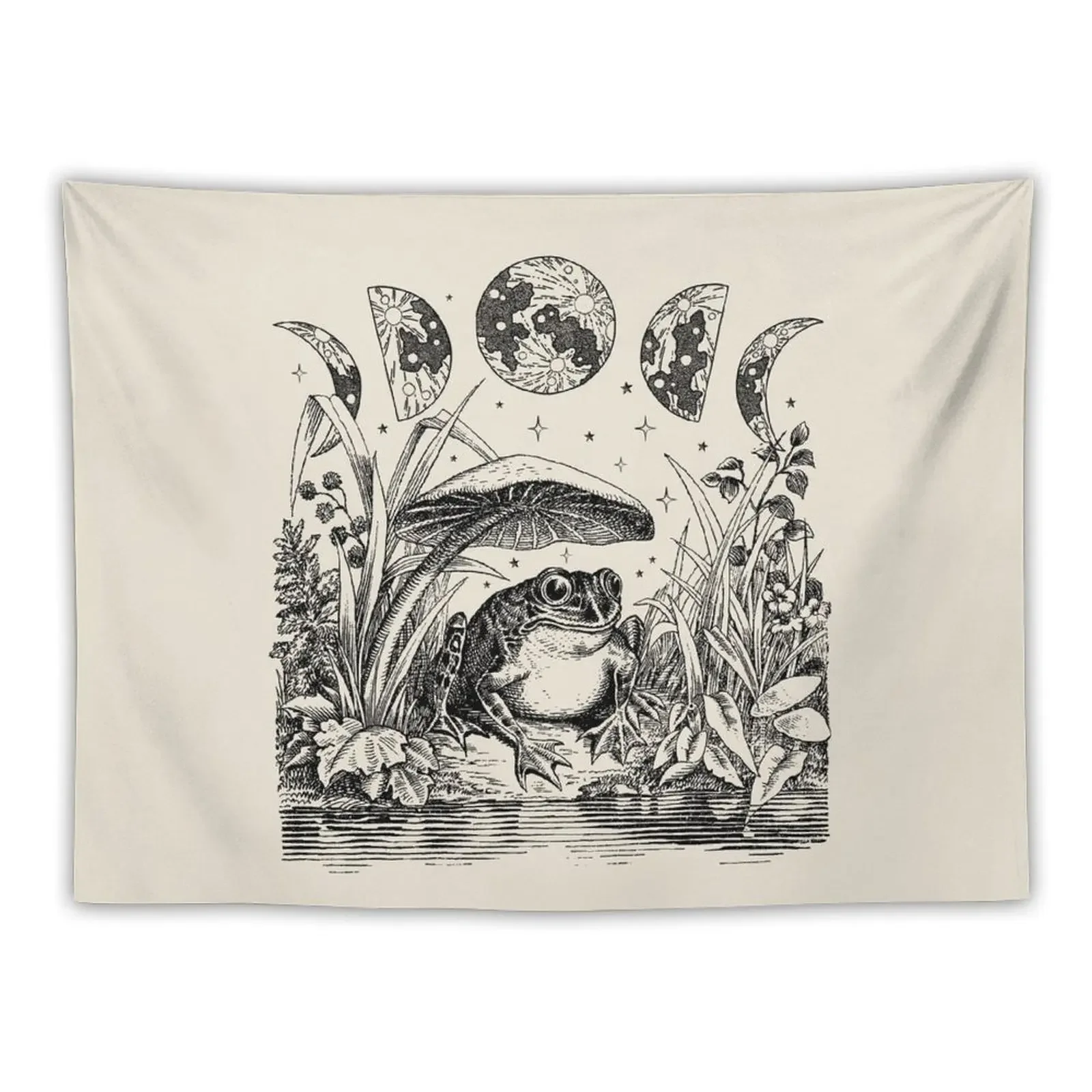 Cottagecore Aesthetic Frog, Mushroom Moon Witchcraft: Vintage Dark Academia,Goblincore Froggy,Emo Grunge Nature Fantasy Tapestry