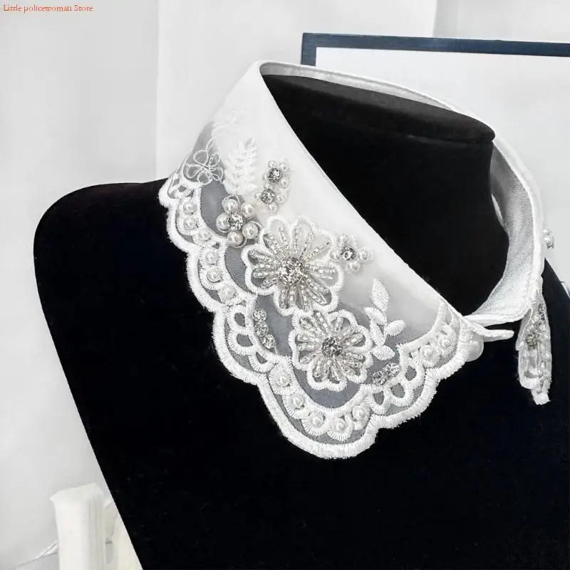 F92D Elegant Reusable False Collar Artificial Pearls Embellished Design Friendly Polyester Business Meeting Collar Enhancer