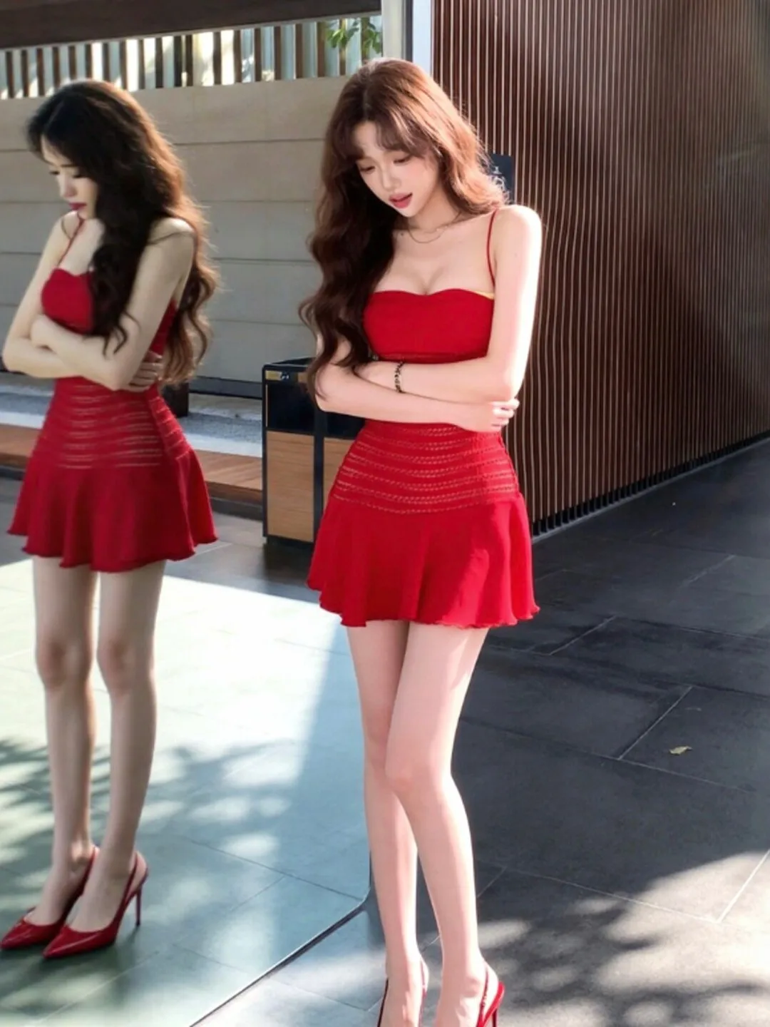 

Unique Red Strapless Dress Stylish Waist-Cinching Short Skirt Summer Fashionable Women's Clothing French Style City Commute