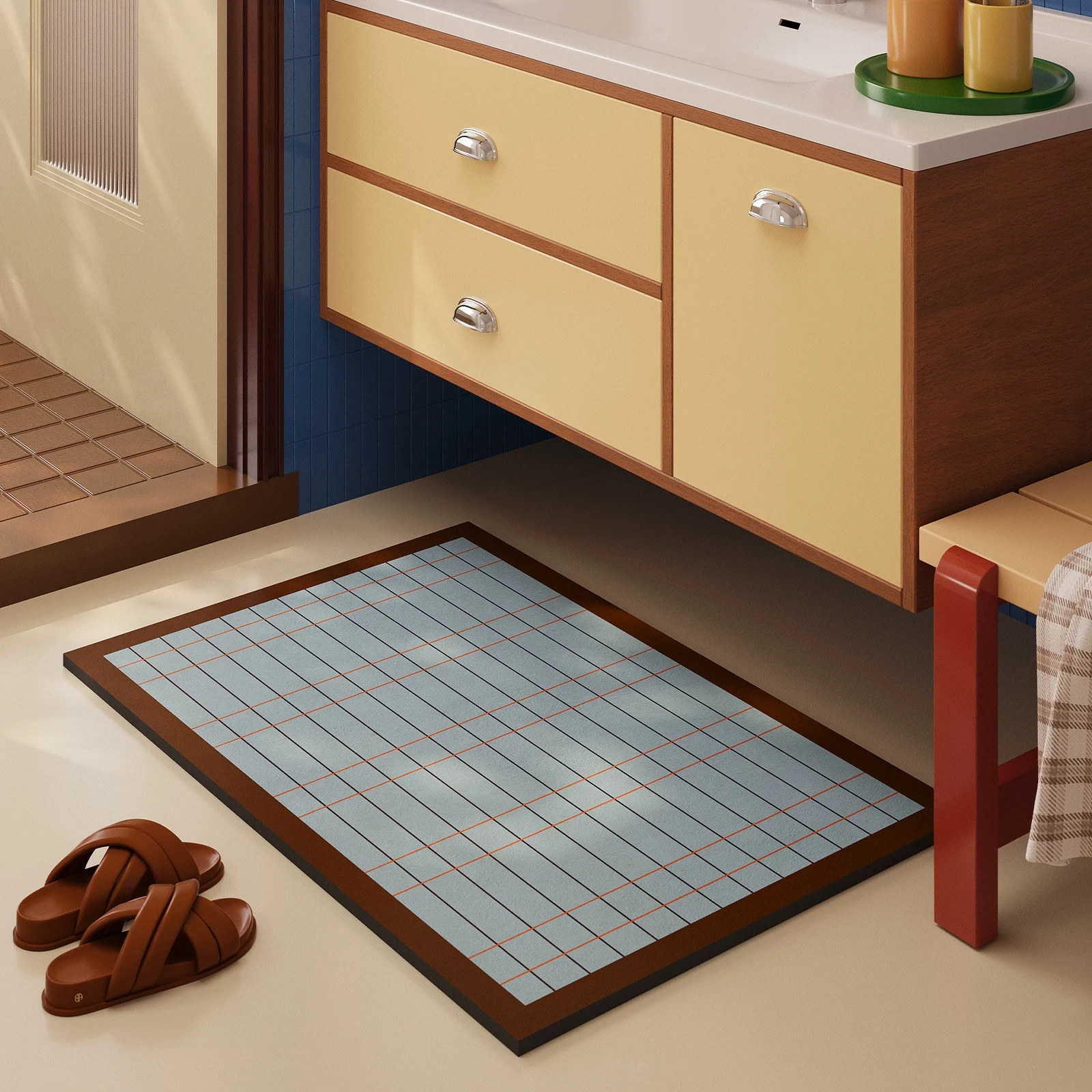 Quick Drying Floor Mat Non-Slip Bathroom Rug Soft Diatom Mud Mid Century Geometric Absorbent Tub Mat Vintage Home Decor