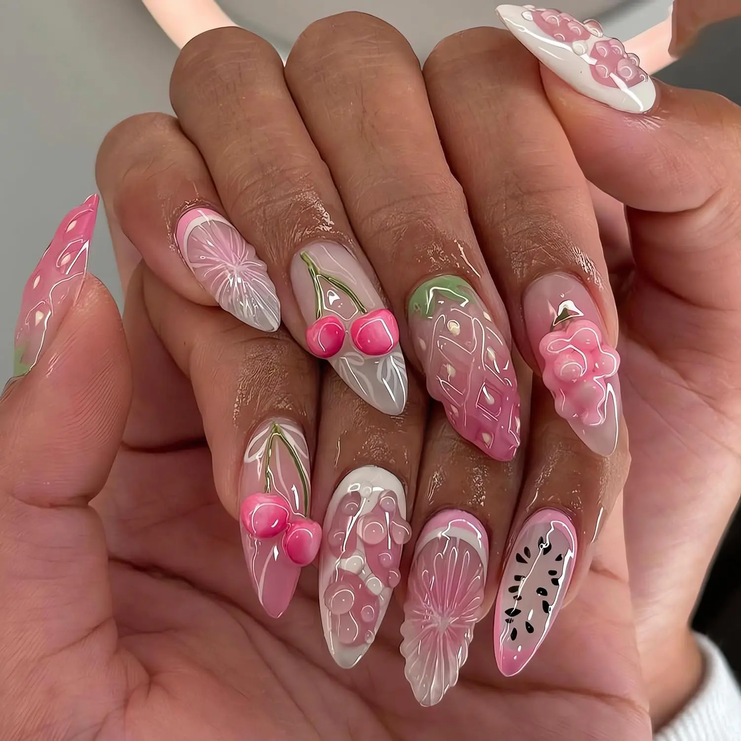 10PCS Medium Almond  With Fruits Style Fake Nails-Make Your Fingers Look Stylish-1pc Nail File & 1Nail Glue Sticker Kit Nails