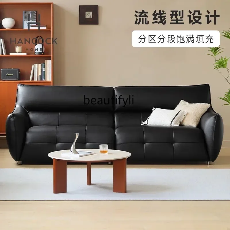 

L1 Leather art sofa black ecological leather living room retro style three-person high backrest straight row sofa