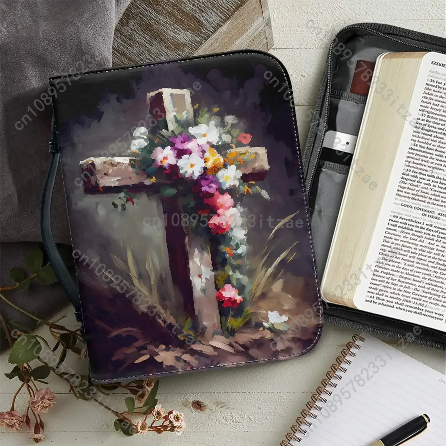 

Pink Flower Cross Bible Cover for Girl Medium Size Bible Cover for Women Men Leather Rose Bible Case with Zipper Handle Carrying