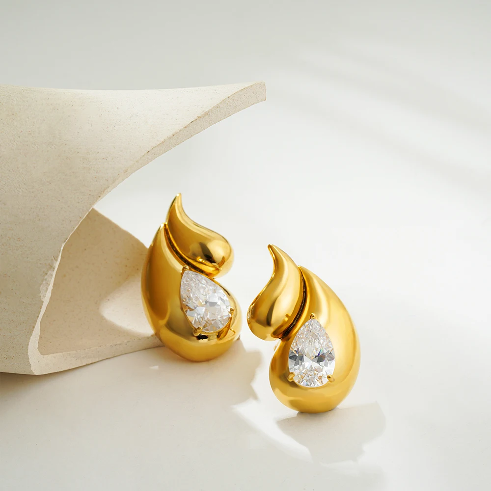 Golden Color Chunky Double Teardrop Earrings for Women Clear Crystal Waterdrop Statement Earring Vintage Jewelry Lightweight