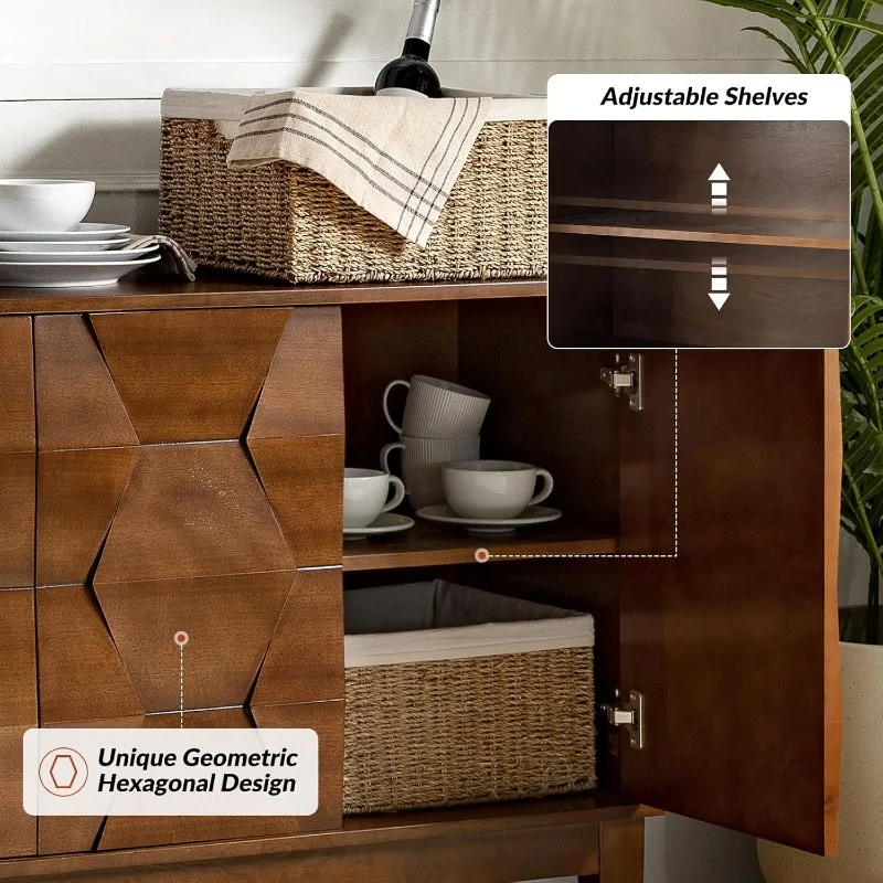 ตู้บุฟเฟ่ต์ไซด์บอร์ด Mid Century พร้อมขาไม้เนื้อแข็ง ตู้เก็บของในครัว 60 นิ้ว Credenza 4 ประตูและ 2 วินาที