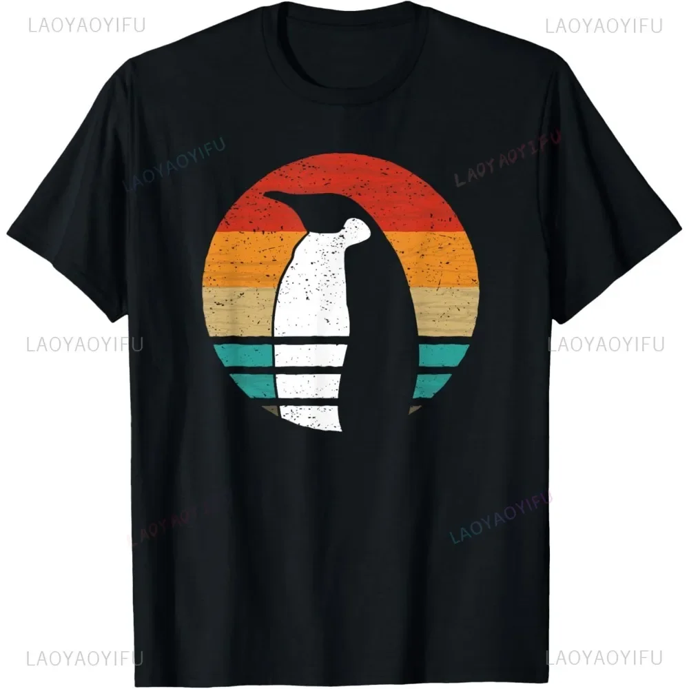80s 90s Penguin Retro Style The Setting Sun Graphic Printed PINGU T-Shirt Summer Short Sleeve Fashion Hip Hop Punk Man Tshirt