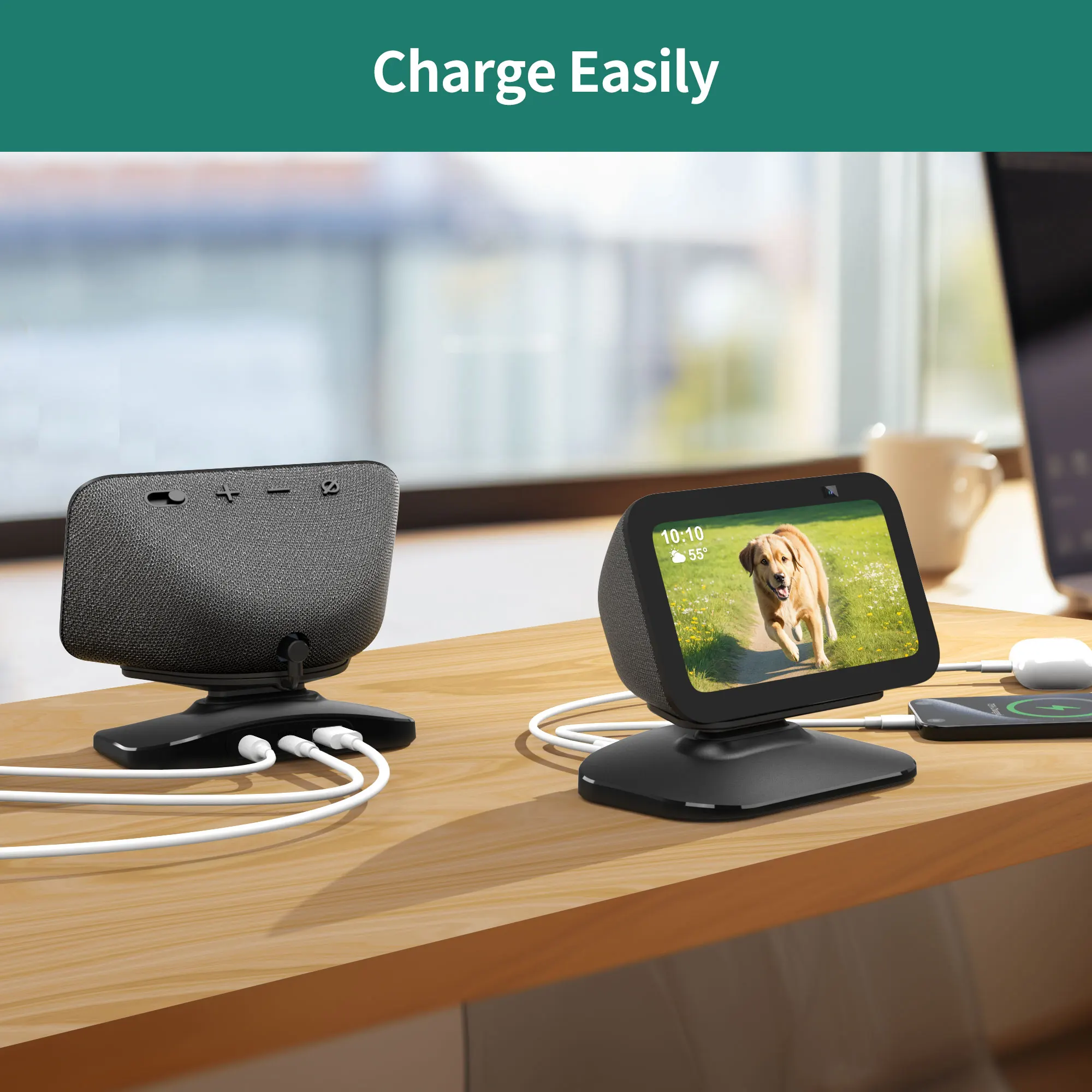 حامل LINGYOU لـ Echo Show 5 3rd Gen - حامل طاولة قابل للتعديل مع منفذي شحن (USB-C/A) للهواتف المحمولة وسماعات الأذن