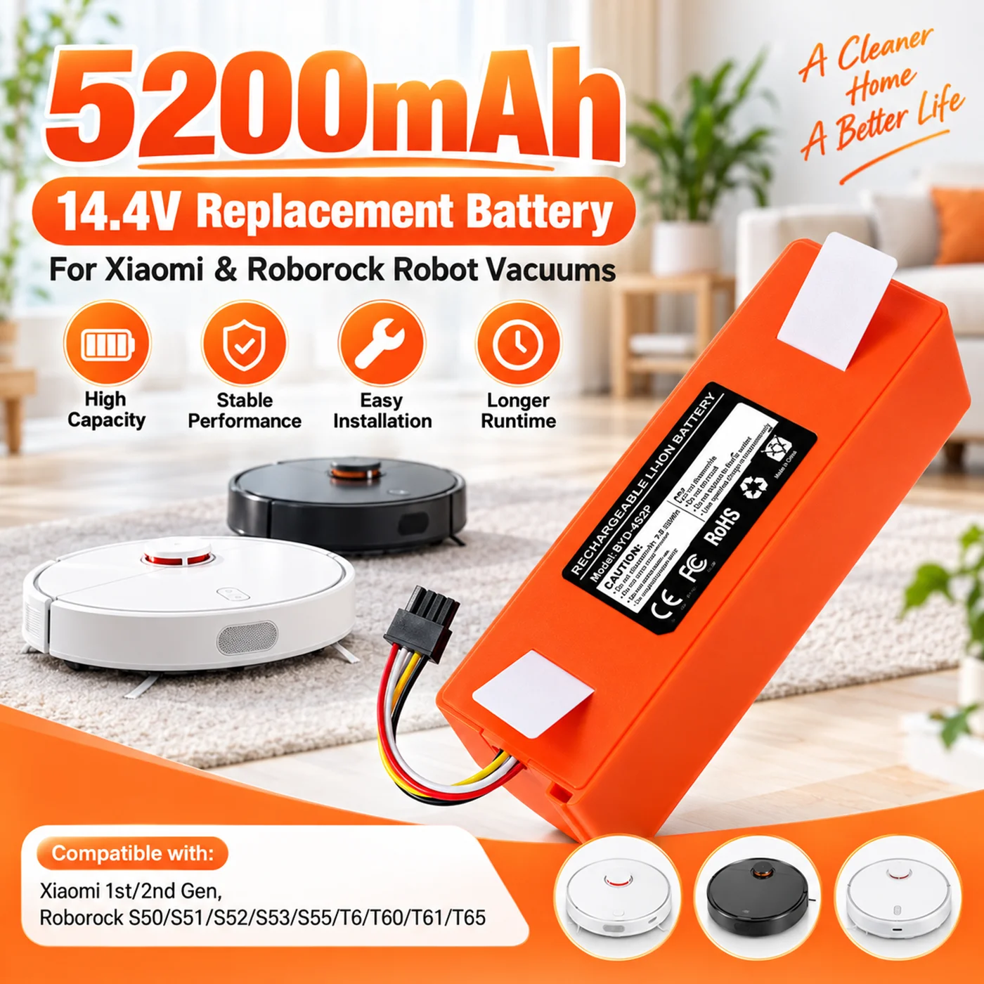 Nuova batteria di ricambio originale al 100% BRR18650-2P4S-5200S per aspirapolvere robotico, compatibile con i modelli Xiaomi Roborock S55, S60, S65, S50, S51, S5 MAX, S6.
