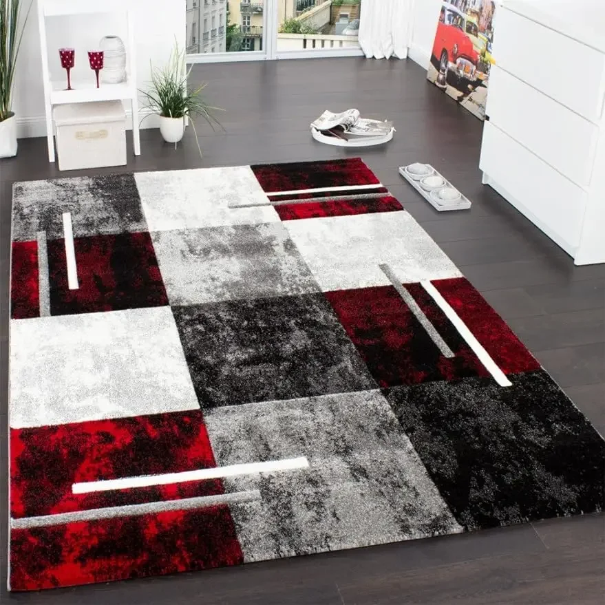 

Paco Home Designer Rug Modern with Contour Cut Chequered in Silver Black Red carpets for living room