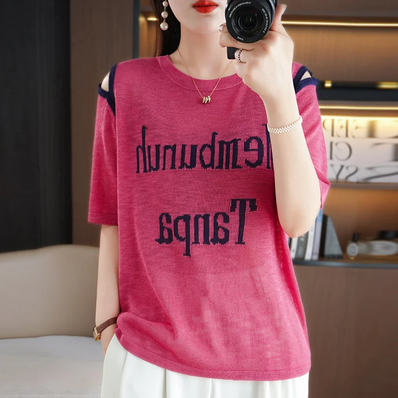 

Summer Off Shoulder Bamboo Knot Hemp Knitted Short Sleeves New Design Feeling Small and Popular Thin T-shirt Women's Top T-shirt