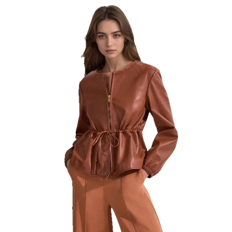 Europe America Fashion Round Collar The Drawstring Pleated Waist Slimming and Versatile Design Short Long-sleeved Leather Coat