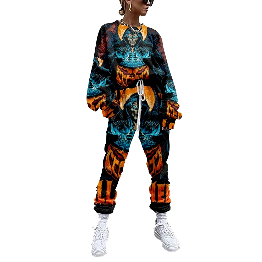 Women Tracksuit 2 Piece Outfit Sweatshirt+Straight Sweatpants Matching Set Fitness Sporty Streetwear Halloween Printing