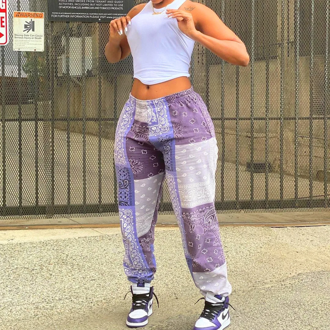 Fashion Hip Hop Pants Purple Blue Retro Graphic Sweatpants Elastic Waisted Joggers Trousers Punk High Sports Women Bottoms Pants