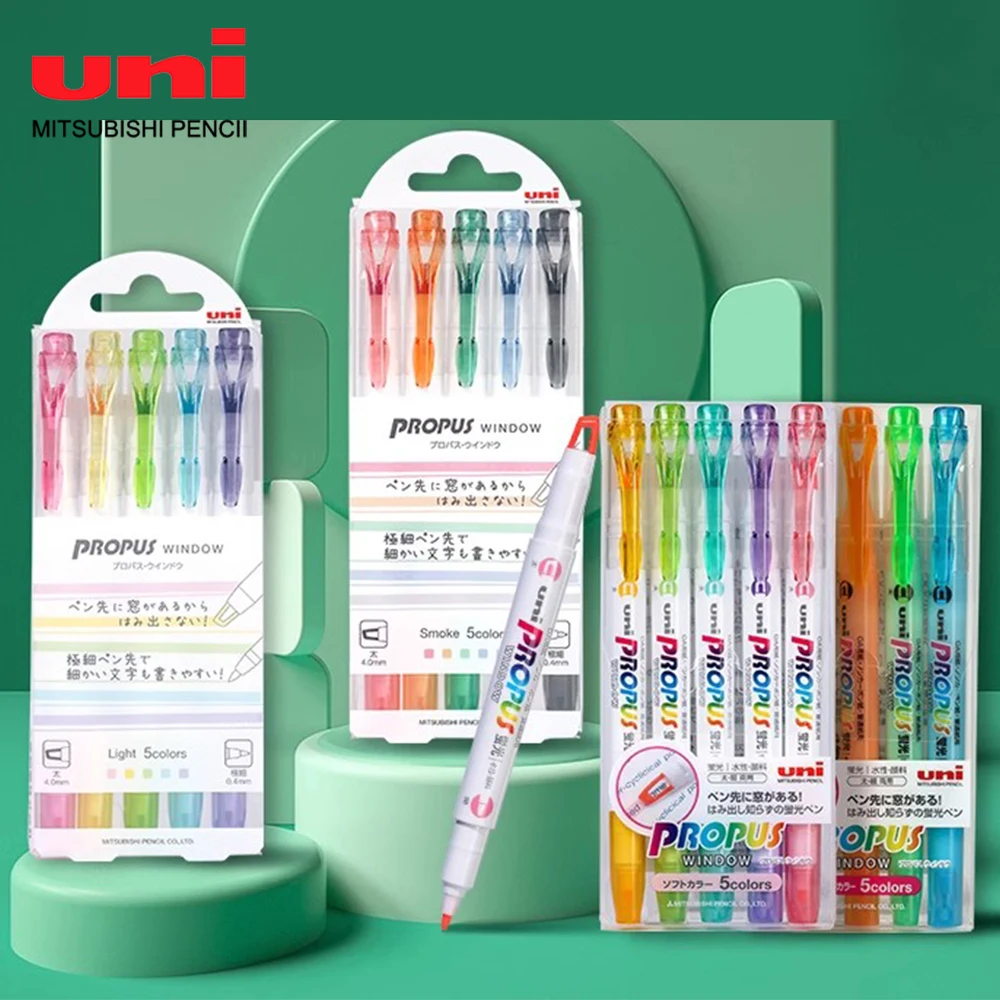 5pcs Uni Double Head Highlighter Set PUS-103T Student's Handbook Marking Color Marker 0.4/4mm Cute Stationery Supplies