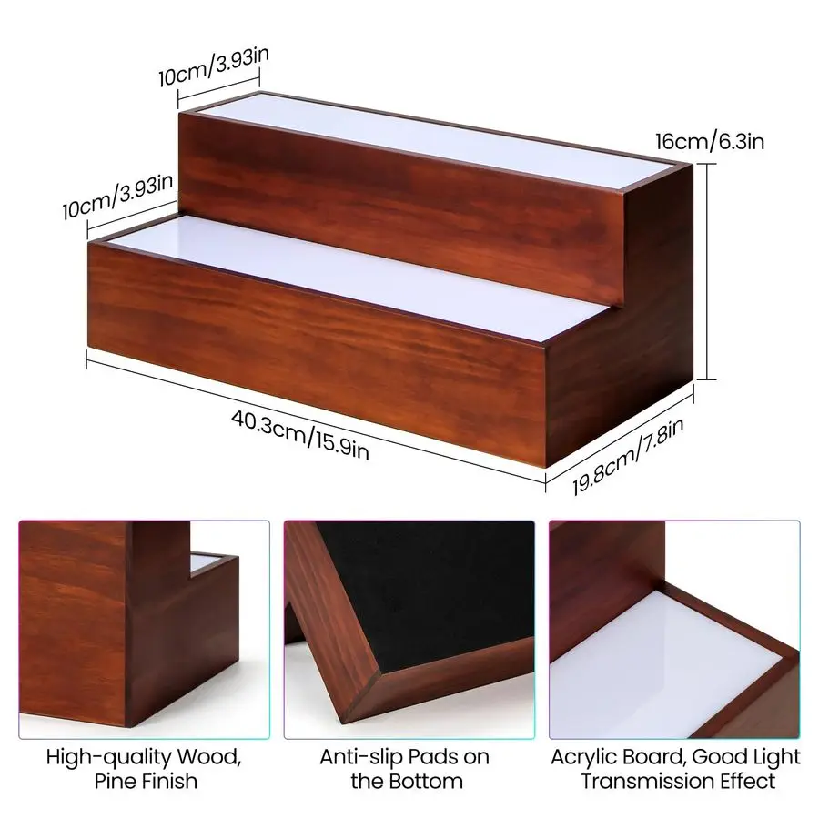 Rak Pajangan Botol Minuman Berlampu 16 Inci, Rak Bar LED 2 Tingkat, Rak Bar Minuman untuk Bar Rumah