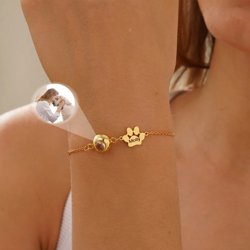 Custom Pet Name Bracelet with Photo,Dog/Cat Picture Projection Bracelet,Personalized Pet Projection Bracelet for Women Gift