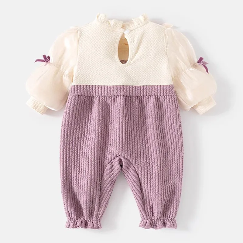 New Spring and Autumn Girls' Sweet and Stylish Baby Romper 3D Flower Decoration Mesh Double Layered Puff Sleeves with Bows