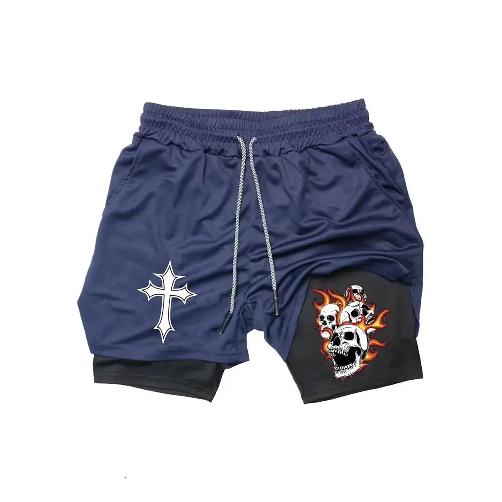 Short de Fitness deux en un pour hommes, pantalon de plage Double couche, imprimé tendance, sport, entraînement en plein air, course à pied, HX0047