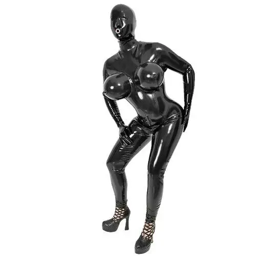 

Latex tight jumpsuit black 3D overall chest mask hooded role-playing s 0.4mm