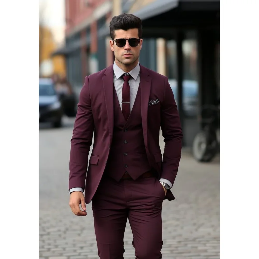 Burgundy Men Suits 3 Piece Formal Notch Lapel Solid Color Outfits Single Breasted Office Business Casual Wedding Tuxedo Slim