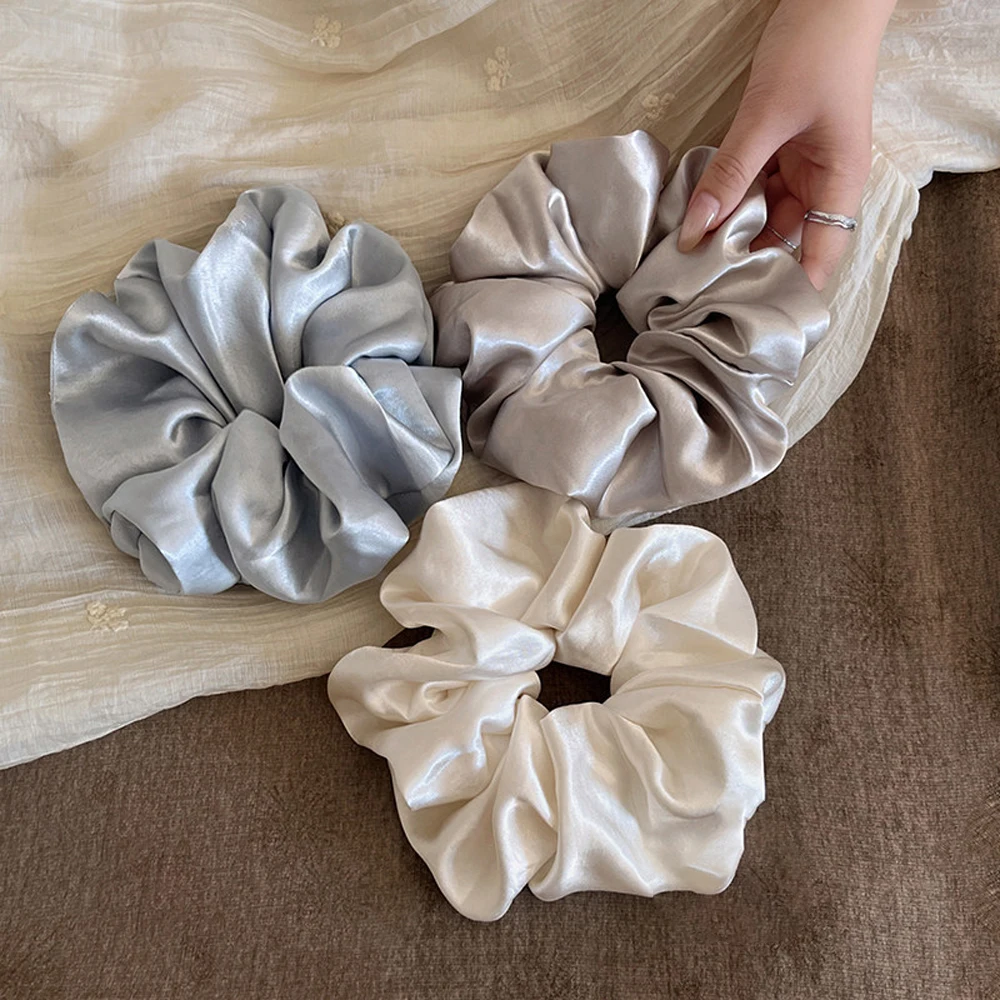 Premium Silky Satin Large Scrunchies Cream Gloss Hair Elastic Bands, Gentle Elegant Hair Ropes for Women Daily Use, Fashion Hair
