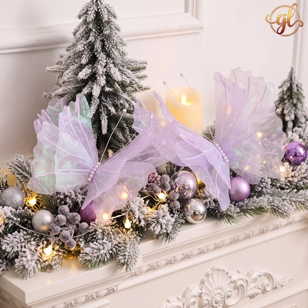 3 große hängende Weihnachtsschmetterlingsdekorationen, synthetische Schmetterlinge mit Laserglanz, Weihnachtsbaumschmuck – Detail 10