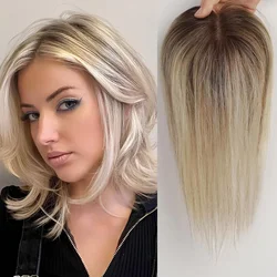 Ombre Brown 12 Inches Topper With Clips Brown Blonde Highlights Hair Toppers for Women Real Remy Human Hair Piece Hair Extension