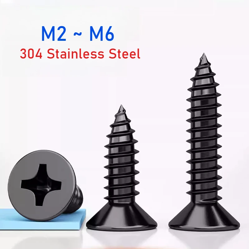 M2 M2.6 M3 M3.5 M4 M5 M6 Black 304 Stainless Steel Cross Countersunk Head Self-Tapping Screws Cross Flat Head Wood Screw