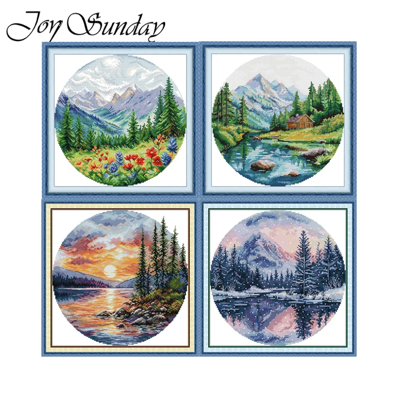 Joy Sunday Four Seasons Scenery Stamped Cross Stitch Kits 14CT 11CT Aida Fabric Printed Canvas Embroidery Kit DMC DIY Needlework