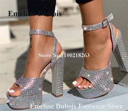 Rhinestones High Platform Sandals Emeline Dubois Peep Toe Silver Black Red Rhinestones Thick Heel Sandals Wedding High Heels