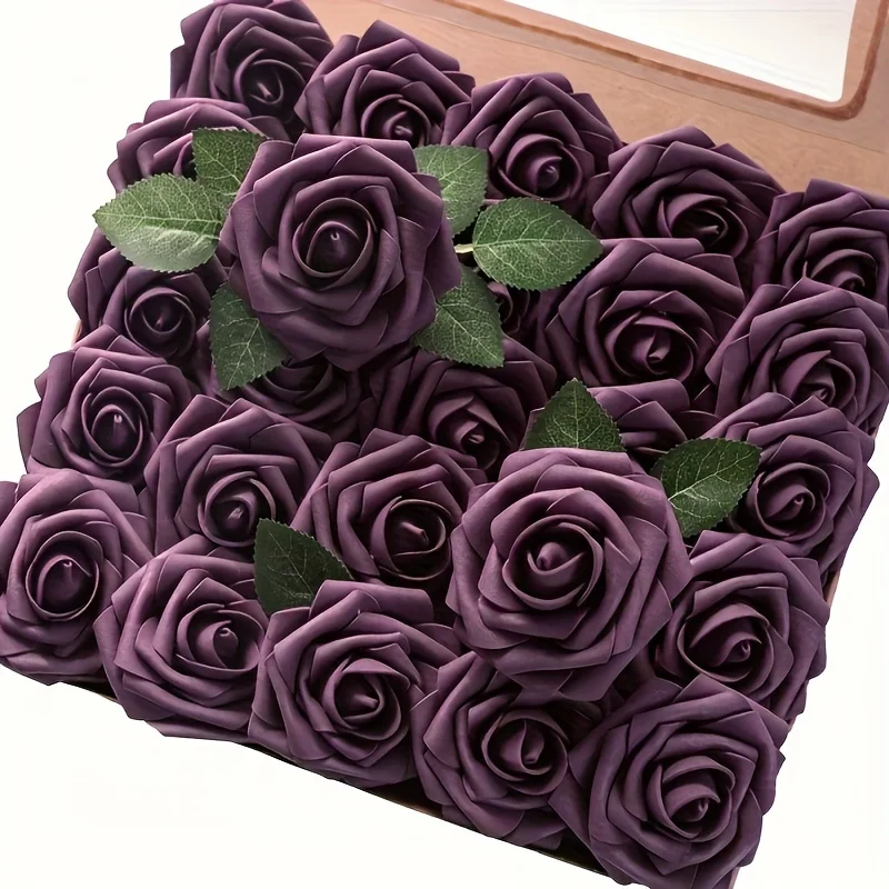 Artificial Flowers 25pcs Real Looking Plum Foam Fake Roses with Stems for DIY Wedding Bouquets Bridal Shower Centerpieces S