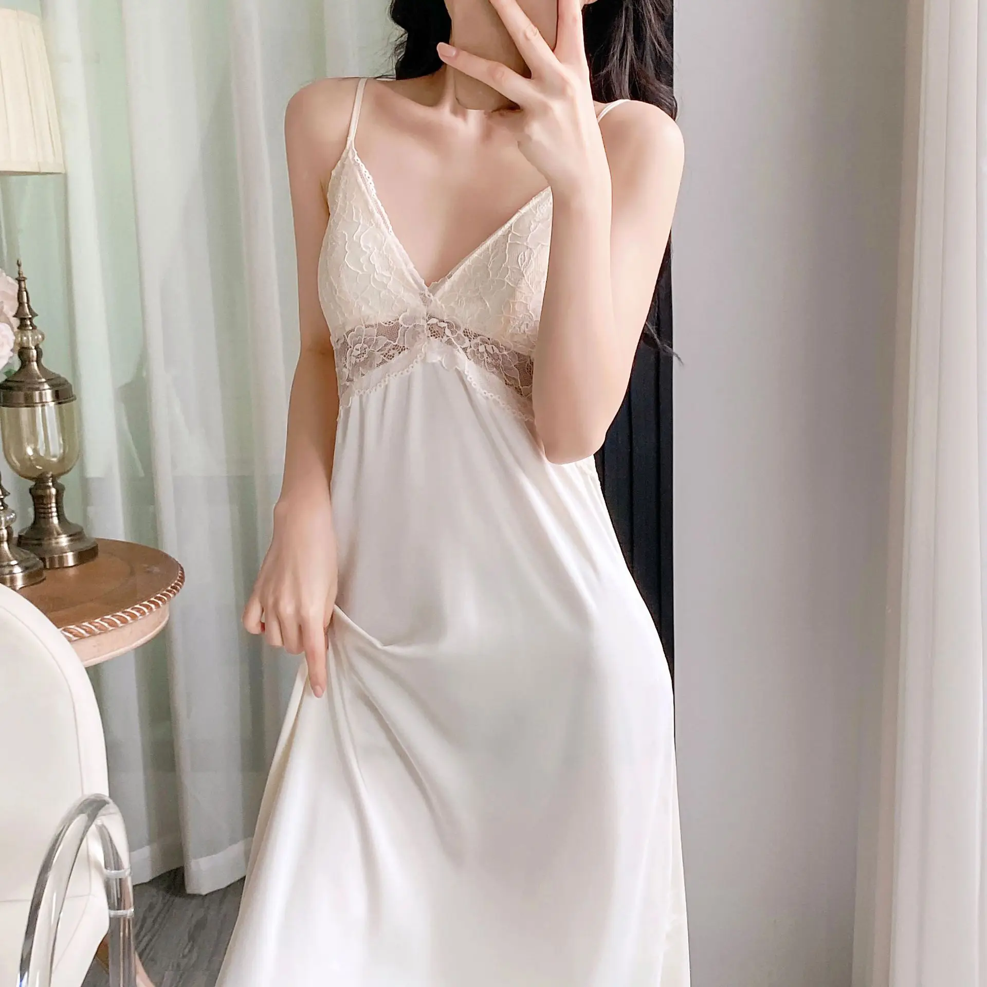 

Sexy Chemise Nightgown Suspender Sleepwear Lace Nightdress Morning Gown Lingerie Summer Rayon Nightwear Home Dress Loungewear