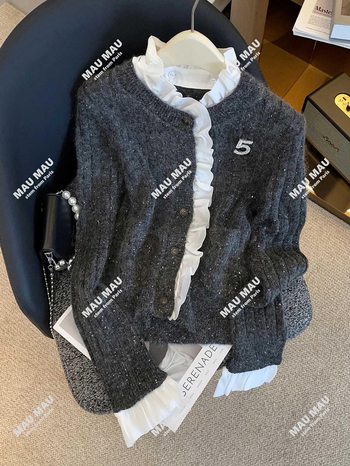 AY 시리즈 우드 에인 시퀸 니트 가디건 탑 하이엔드 여성 패션 남유럽 가을 겨울 출퇴근 스타일 레귤러...