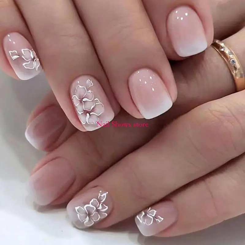 

E0BC Short Square Press on French Tips Fake Full Cover False with Flower Designs Artificial Acrylic