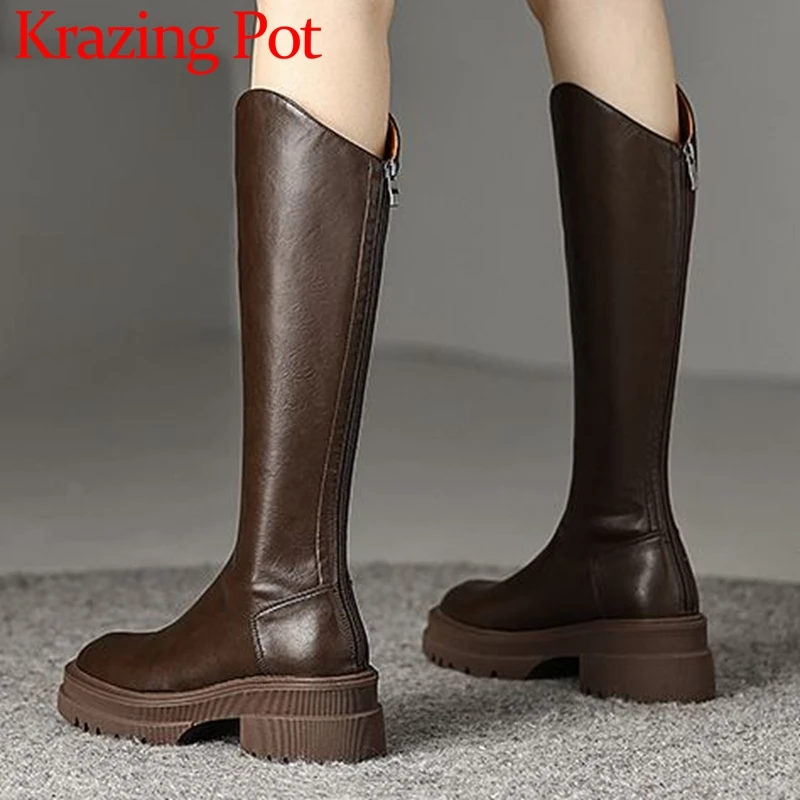 

Krazing Pot Microfiber Round Toe Thick High Heels Riding Boots Platform Big Size 42 Causal British School Zip Thigh High Boots