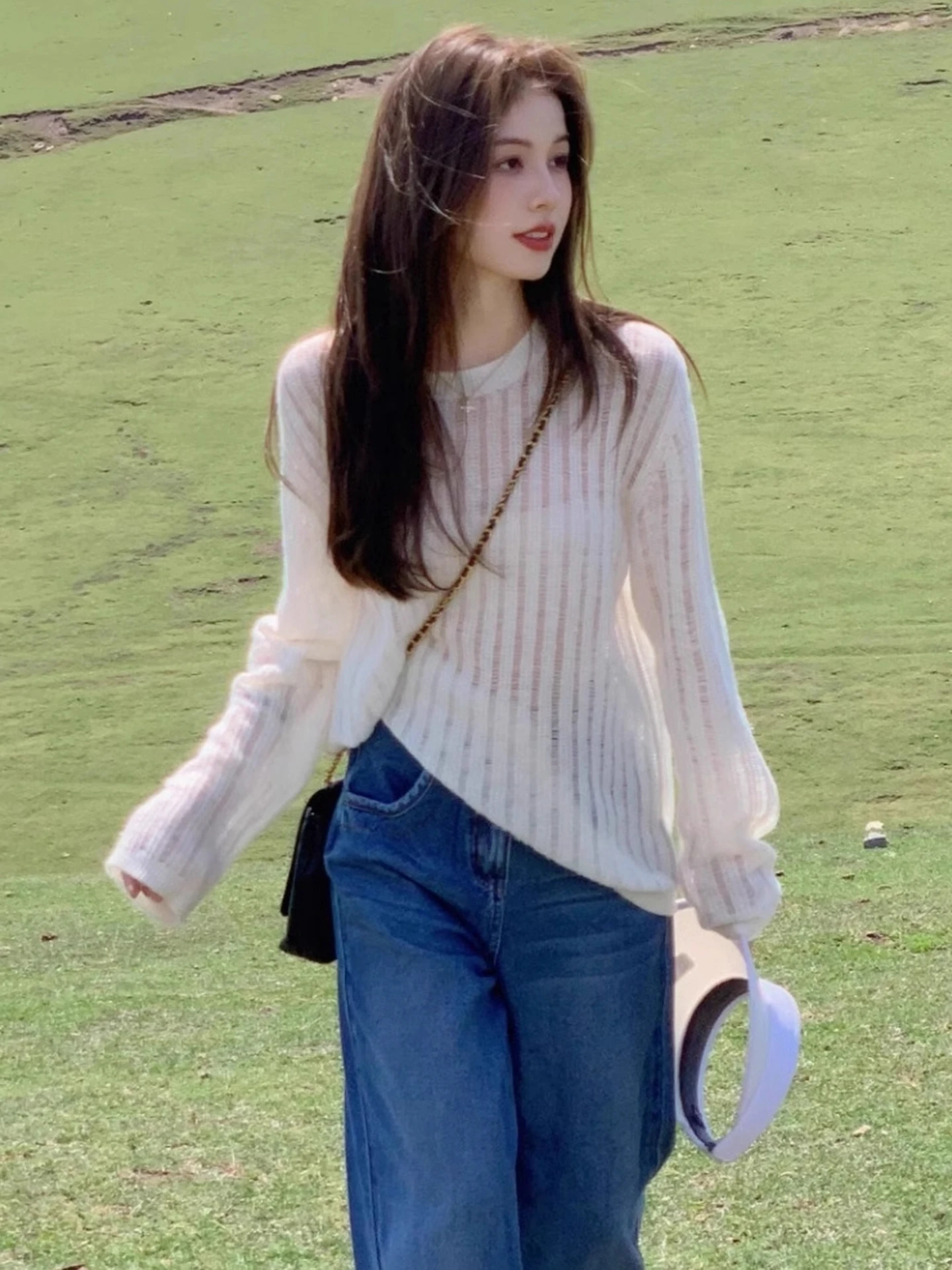 

Свободная вязаная футболка с длинным рукавом и круглым вырезом, с ажурными вставками, летняя, солнцезащитная, дышащая, утягивающая, для женщин, из чистого хлопка.