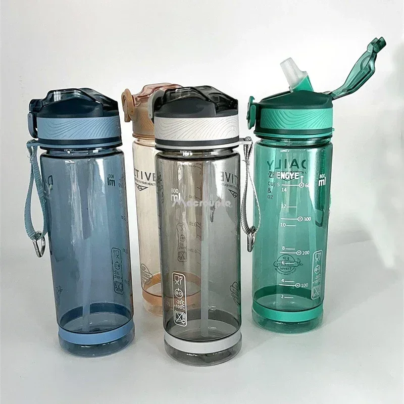 800ml Sports Water Bottle with straw For Camping Hiking Outdoor Plastic Transparent BPA Free Bottle For men Drinkware