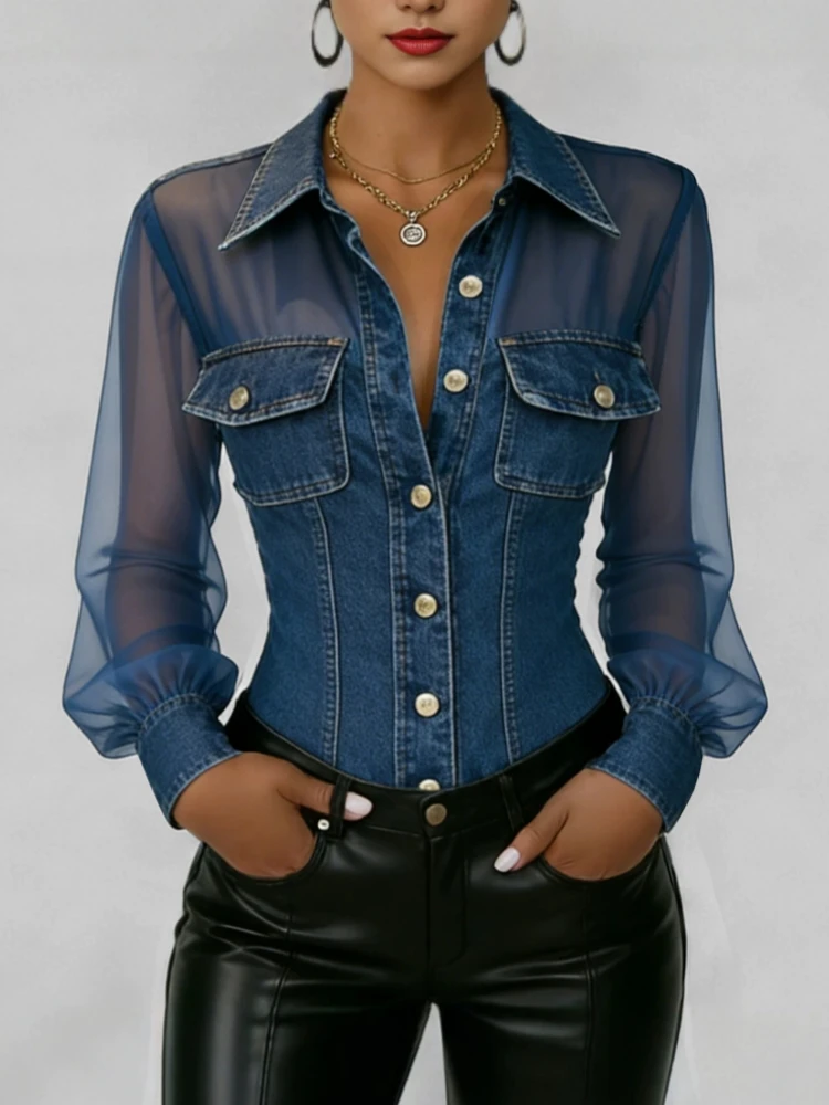 

Vintage Chic Denim Sheer Mesh Blouse Women Trend Long Sleeve Button Down Lapel Chest Pockets Fitted Casual Daily Wear Top 2026