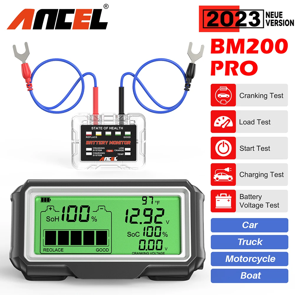 ANCEL BM200 PRO 12V LED Car  Battery Tester Monitor Head-Up Display Battery Health Analyzer SOH SOC Charging Tester Tools