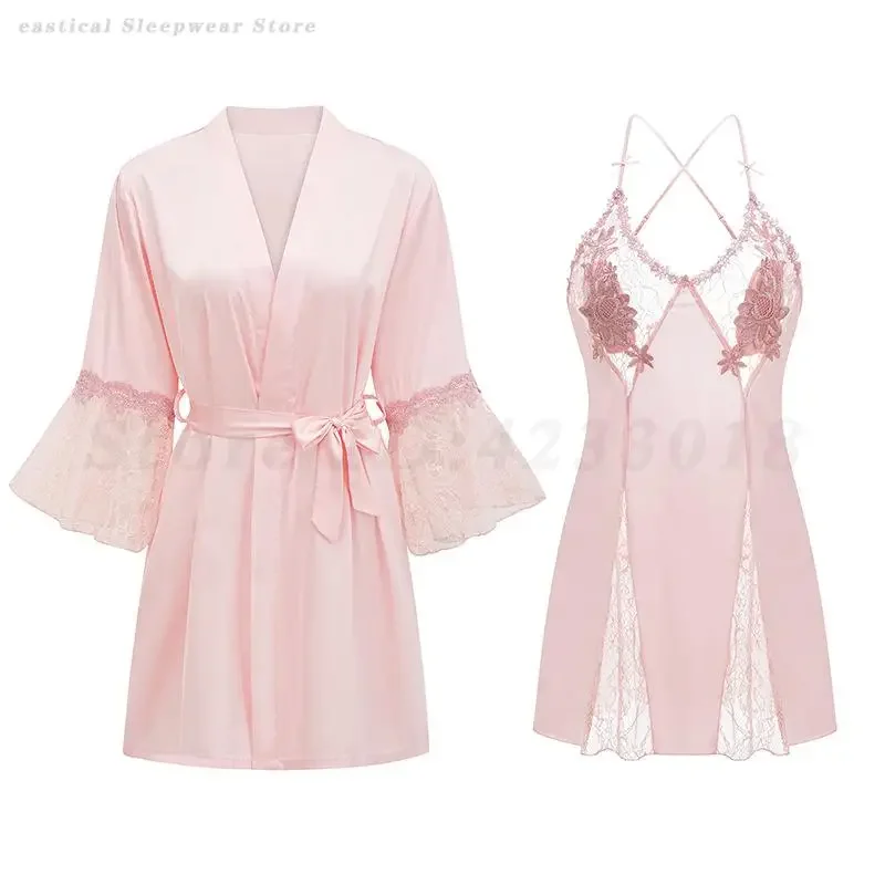 

Bridal Pink Nighty&Robe Set Patchwork Lace Bathrobe Morning Gown Sexy Suspender Applique Nightdress Summer Sleepwear Nightgown