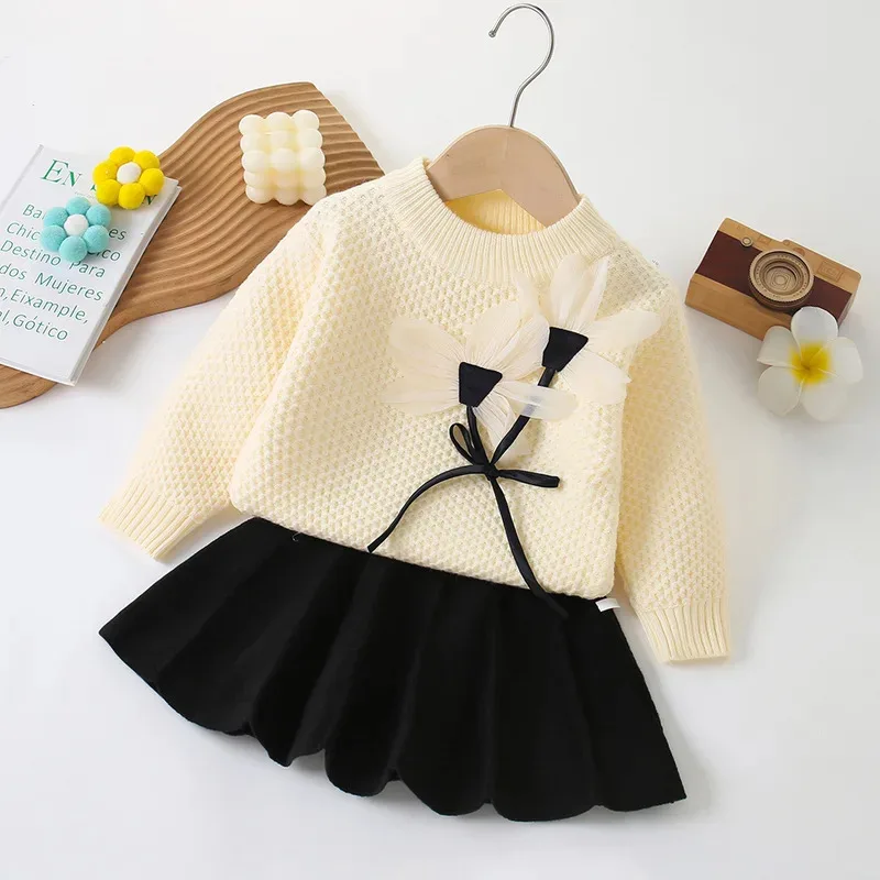

COSda@Autumn Winter Top And Bottom Baby Girls Knit Skirt Sets Birthday Party Princess Dress Set For 1 2 3 4 Years
