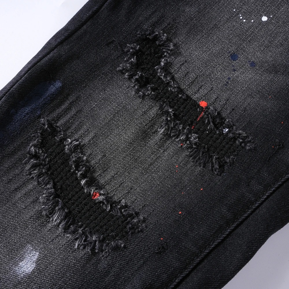 가을 겨울 스트릿웨어 찢어진 청바지 프린트 레트로 슬림핏 데님 청바지 남성 스트릿 스타일 남성 캐주얼 일본 스타일 2000년대