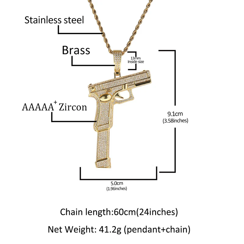 Hip Hop 5A+ CZ Stone Paved Bling Iced Out Big Gun Pendants Necklace for Men Rapper Jewelry Gold Silver Color