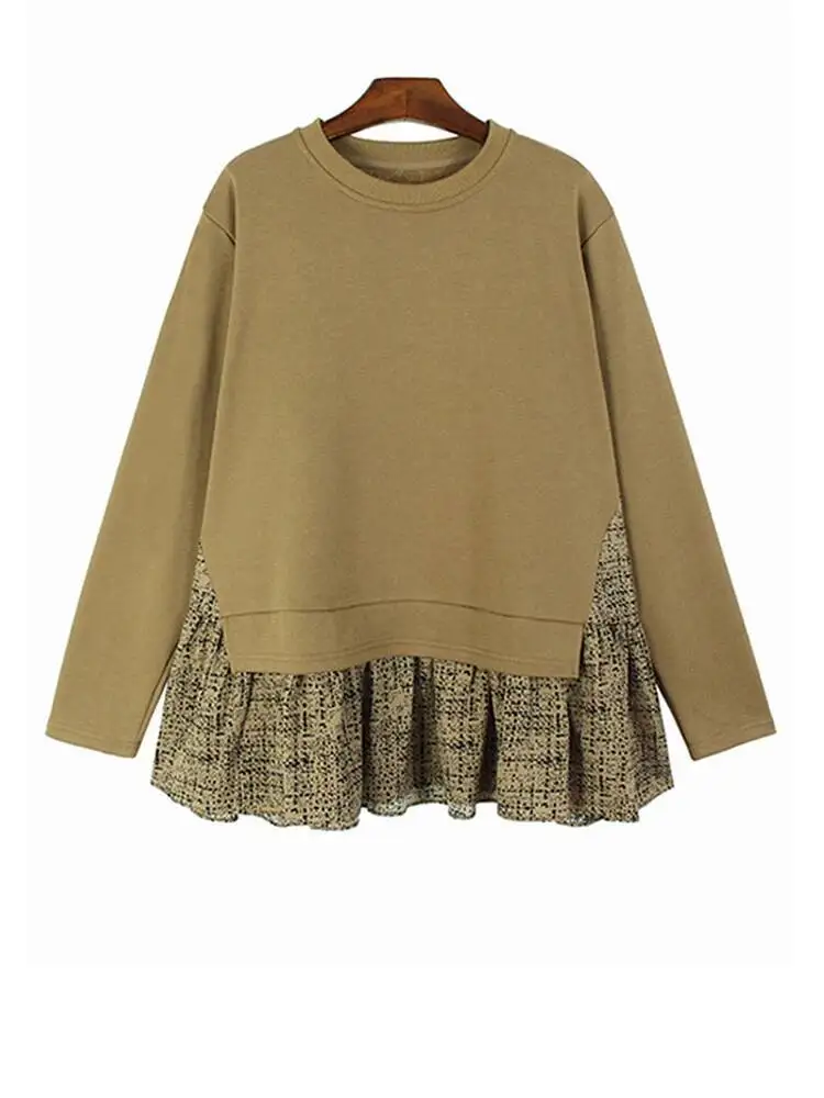 เสื้อสเวตเชิ้ตลำลองสีดำ แต่งระบายชายเสื้อ คอทรงกลม แขนยาว ไซส์ใหญ่สำหรับผู้หญิง แฟชั่นอินเทรนด์ ฤดูใบไม้ผลิ ฤดูใบไม้ร่วง