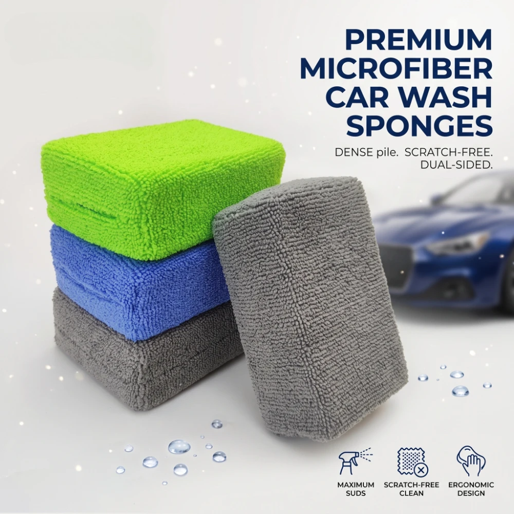 1Pc Microfiber Towel Cover Sponge – Square Wax Applicator Pad with Soft Cloth Surface, Scratch-Free Buffing & Washing Sponge